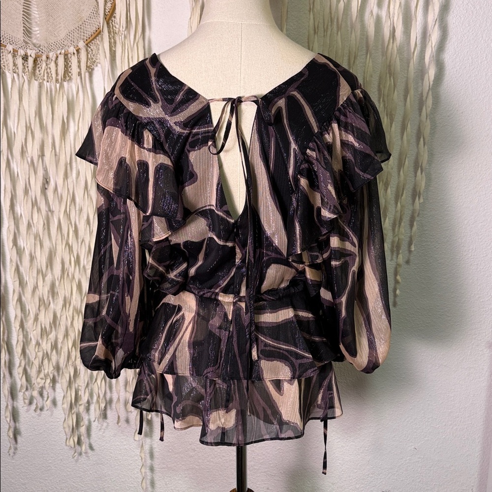 Ted Baker NWT Jasmyna Metallic Plum and Black Ruffles Puff Sleeve Size 2/M - Picture 5 of 10
